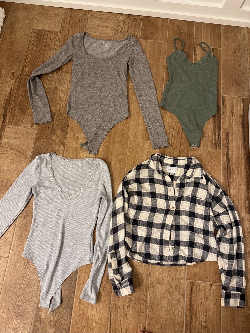 4-Piece Bodysuit & Plaid Top Bundle - Gray & Olive